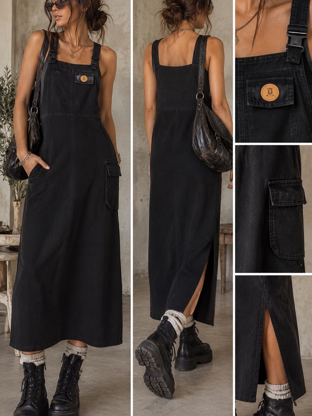 Vintage 90s Y2K Black Bamboo Utility Pinafore Maxi Dress- First Choice Gorpcore